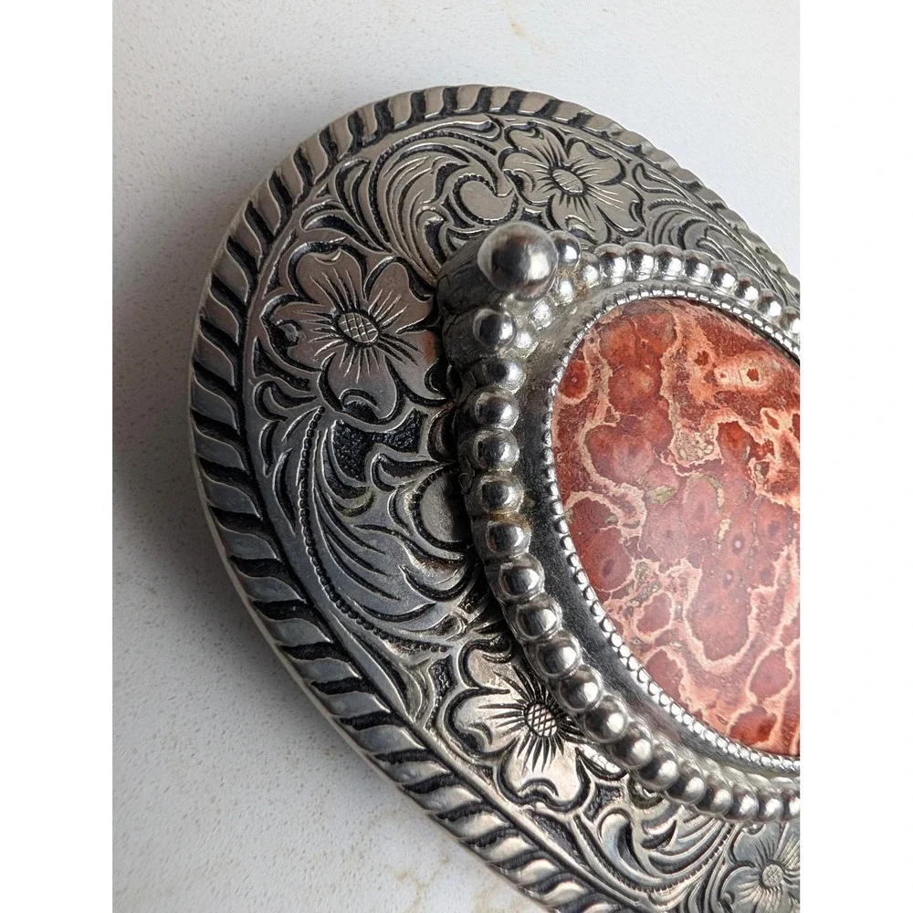 Vintage Western Floral Engraved Belt Buckle with Red Jasper Stone Centerpiece